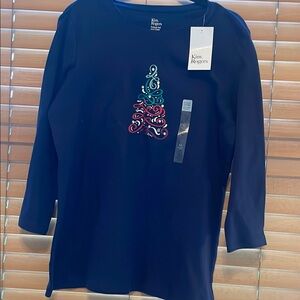 Kim Rogers Blue Long Sleeve Tee with swirl Christmas tree Design M- (b)